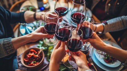 Joyful companions clinking crimson wine goblets at social gathering, group enjoying midday meal at pub eatery, lifestyle idea of friends and acquaintances dining and drinking. - obrazy, fototapety, plakaty