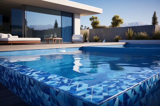 A modern luxury backyard boasting an angular pool with a sapphire blue tile lining, reflecting 3D intricate, azure patterns under the sun, blue haven