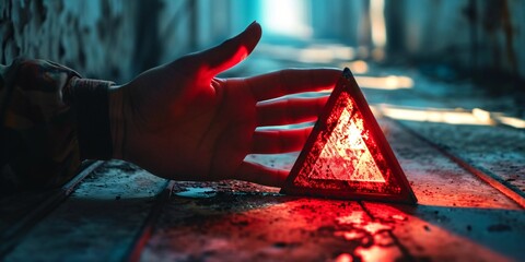 Human hand displaying red triangle alert symbol for maintenance notification error and danger idea.