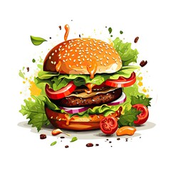 Delicious burger illustrations with fresh ingredients with the white background