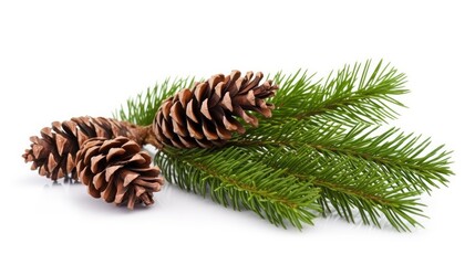 fir tree branches with cones isolated on white background