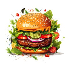 Delicious burger illustrations with fresh ingredients with the white background