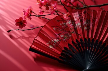 a paper fan with pink flowers on a red background,