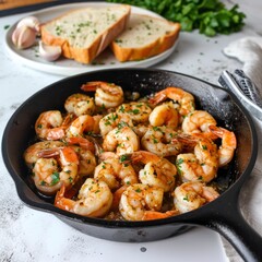 A cast iron skillet with garlic shrimp, on a white countertop. Behind the skillet is a plate with a portion of shrimp and bread