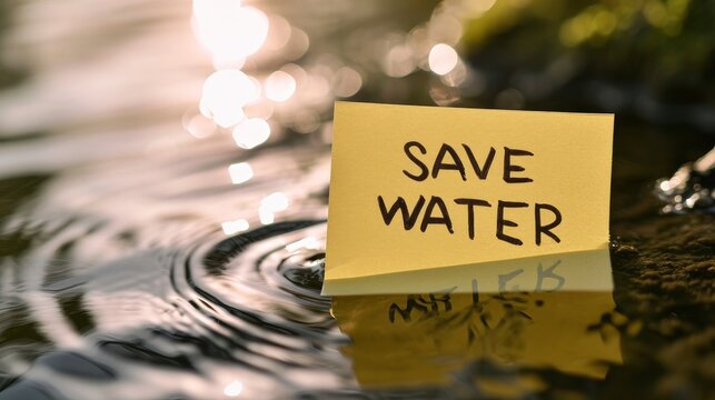 The text SAVE WATER written in a sticky note, sticky note on the water