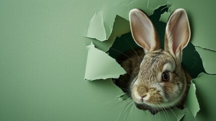 Bunny peeking out of a hole in paper, fluffy eared bunny easter bunny banner, rabbit jump out torn hole.