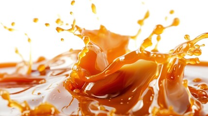 Delicious caramel splashes isolated on white background, cut out - obrazy, fototapety, plakaty