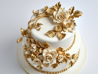 a pretty white cake with gold flowers and leaves