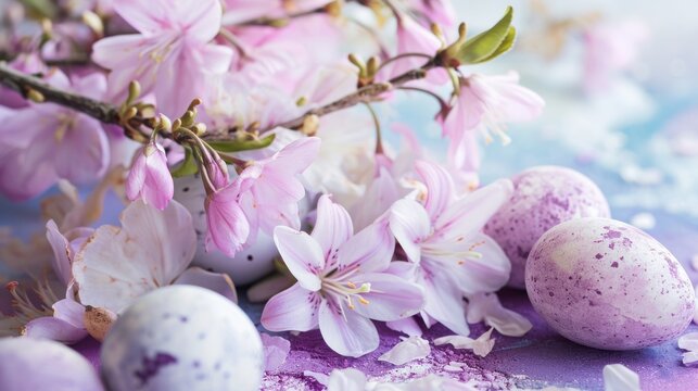 a pink sakura tree, lilies and Easter eggs on a colorful surface