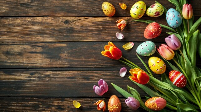 Easter holiday background with easter eggs and tulip flowers on wooden table. Top view from above