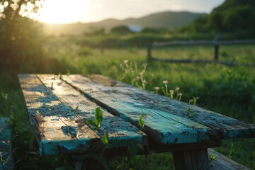 Fototapeta premium a table is sitting on the outside of an open field