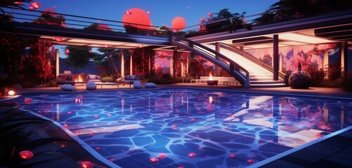 A luxury backyard with a pool featuring 3D patterns in glowing cobalt, electric crimson, and neon pearl, set against a backdrop of an exclusive VIP club area and a minimalist Japanese koi pond, in