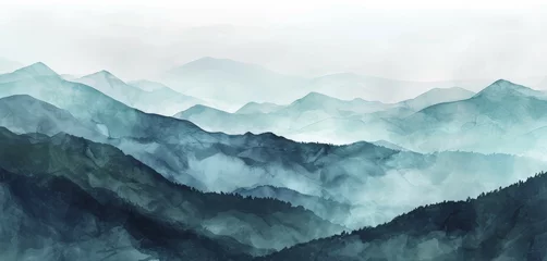 Cercles muraux Montagnes Minimalistic landscape art background with mountains and hills in blue and green colors. Abstract banner in oriental style with watercolor texture for decor, print, wallpaper