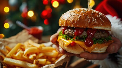 Christmas burger and french fries delivery menu. Santa hands with big tasty cheeseburger with french fries and ketchup sauce on festive Christmas and New Year decorated background