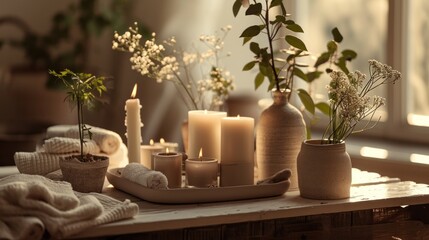 a tray with candles and towels, pots of flowers and plants on it