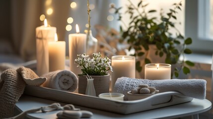a tray with candles and towels, pots of flowers and plants on it