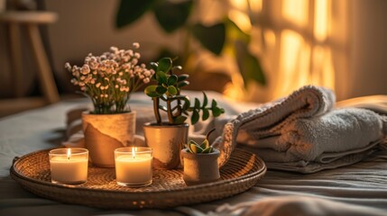 Fototapeta na wymiar a tray with candles and towels, pots of flowers and plants on it