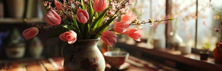 a vase full of pink tulips sits on a wooden table - obrazy, fototapety, plakaty