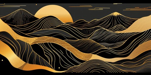 Abstract japanese style landscapes lined waves in black and gold colours