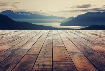 a wooden floor with view of mountains and the ocean - obrazy, fototapety, plakaty