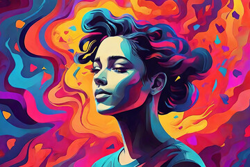 Vivid mental health art Person amidst auditory hallucination illustration on colorful backdrop. Ideal for mental health concepts and awareness - obrazy, fototapety, plakaty