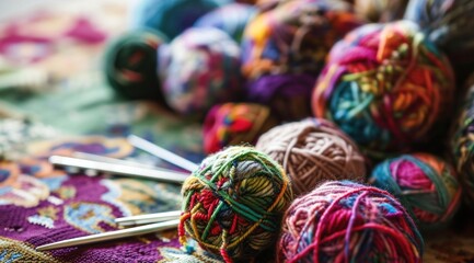 Fototapeta na wymiar a yarn ball on table next to knitting needles