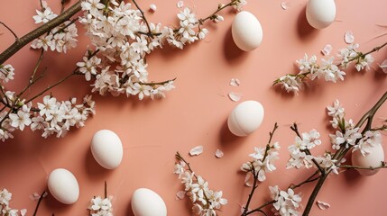 an arrangement of white eggs on an apricot background with sakura white flowering branches
