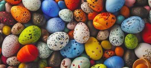 an assortment of colorful eggs are arranged on a background