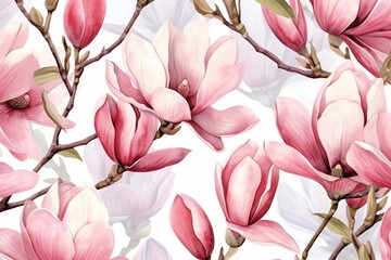 Watercolor-painted magnolias create a seamless floral pattern on a white background. Generative AI