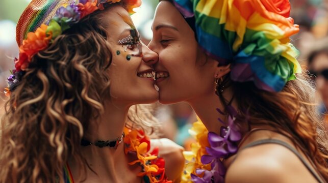 LGBT pride. Happy female couple at the LGBT parade. Freedom of love and diversity. Kiss