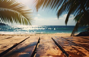 Fototapeta na wymiar an image of wood table on the beach with palm tree leaves