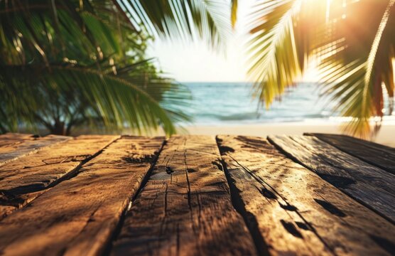 an image of wood table on the beach with palm tree leaves