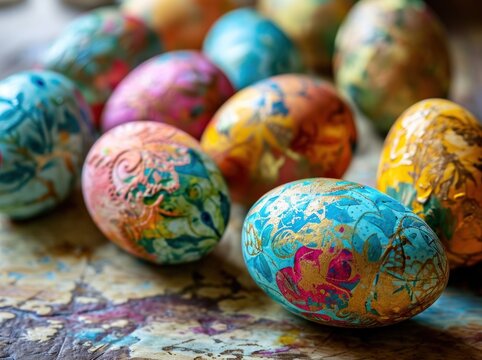 an image shows several hand painted easter eggs on a table