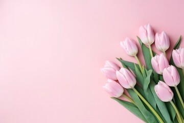 Pink tulip flowers on side of pastel pink background with copy space