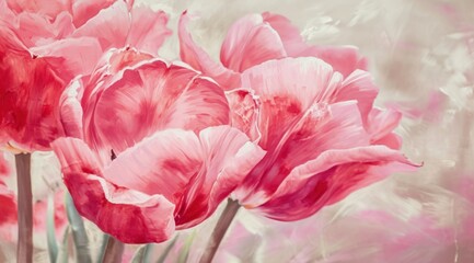 an oil painting of pink tulips in a background
