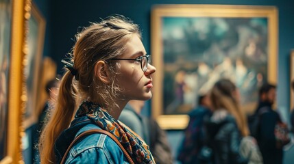 Pensive Caucasian female with spectacles observing art display, while visitors admire paintings in the backdrop. Illustrating Museum Celebration.