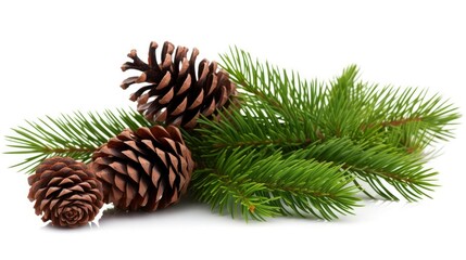 fir tree branches with cones isolated on white background