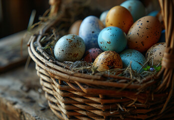 Naklejka na ściany i meble Colorful easter eggs nestle in a rustic basket on a straw bed.