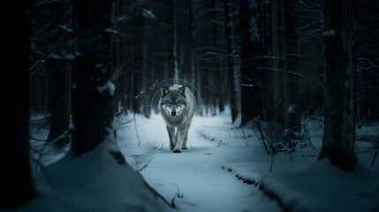 Wolf in the crosshairs, winter forest background