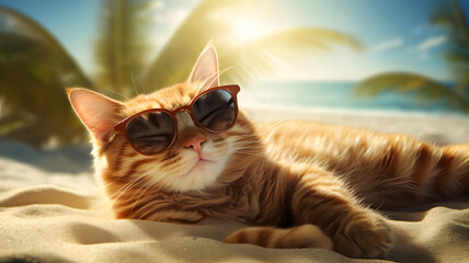 A cat resting on a beach by the sea