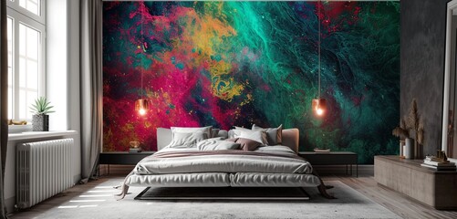A modern bedroom featuring a 3D intricate wall with a neon abstract galaxy design in a striking mix of green and pink complemented by a sleek silver bed