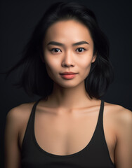 Naklejka premium Portrait of an asian young woman with long black hair wearing a black tanktop smiling in front of the camera isolated on black background
