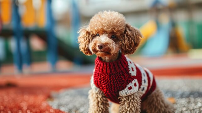 An adorable smile brown toy poodle taking a picture in the school playground wearing puppy dressed Red and white sweater
