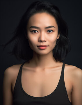 Portrait of an asian young woman with long black hair wearing a black tanktop smiling in front of the camera isolated on black background