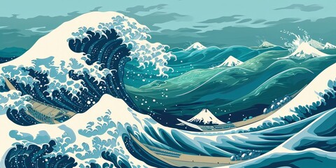 Japanese water wave seamless background. illustration - obrazy, fototapety, plakaty