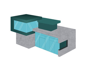 Illustration isométrique d'un bâtiment moderne en perspective avec des couleurs froides
