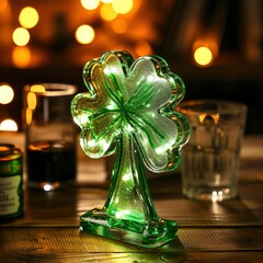 St Patrick's Day shaped lucky clover leaf lamp, decorated with beads on the table lamp