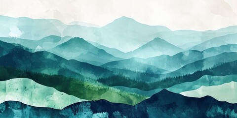 Minimalistic landscape art background with mountains and hills in blue and green colors. Abstract banner in oriental style with watercolor texture for decor, print, wallpaper - obrazy, fototapety, plakaty