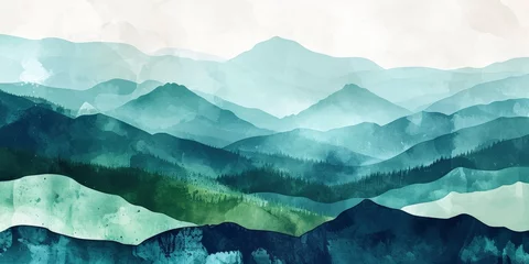 Foto auf Acrylglas Minimalistic landscape art background with mountains and hills in blue and green colors. Abstract banner in oriental style with watercolor texture for decor, print, wallpaper © Anamul Hasan
