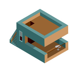 Illustration isométrique d'une maison moderne et contemporaine en perspective avec des couleurs chaleureuses